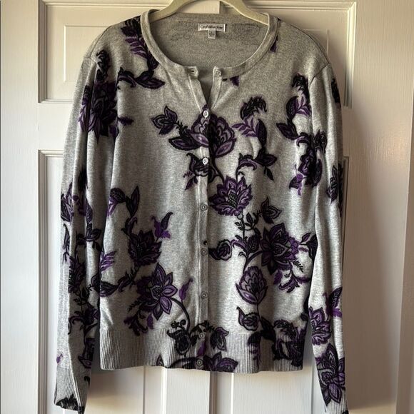 Croft & Barrow Cotton Floral Women's Cardigan Sweater Size Large Gray Purple - Picture 1 of 5